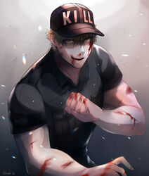  1boy absurdres baseball_cap blonde_hair blood blood_on_face bou_(maimoca501) hat hataraku_saibou highres killer_t_(hataraku_saibou) looking_at_viewer male_focus military military_uniform pectorals short_hair short_sleeves smile solo toned toned_male uniform upper_body 