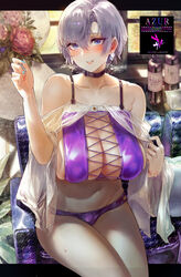  alternate_costume aqua_nails azur_lane bad_id bad_pixiv_id bare_shoulders bikini black_choker blush bottle breasts chair choker cleavage commentary_request earrings female flower grey_hair highres jewelry large_breasts looking_at_viewer official_alternate_costume parted_lips purple_bikini purple_eyes reno_(azur_lane) reno_(summer_spin-off)_(azur_lane) see-through short_hair signo_aaa sitting sweat swimsuit thighs window 