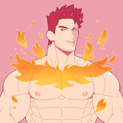  1boy abs absurdres bara beard blue_eyes boku_no_hero_academia completely_nude endeavor_(boku_no_hero_academia) facial_hair feraltintinsimp fiery_hair fire highres large_pectorals male_focus mature_male muscular muscular_male nipples nude pectorals pink_background red_hair scar scar_across_eye scar_on_face short_hair sideburns smile solo spiked_hair stomach stubble upper_body 