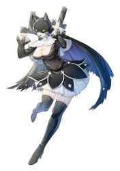  :p absurdres black_dress black_footwear black_nails body_markings boots breasts cat_mask cleavage colored_sclera commentary digimon digimon_(creature) dragonwilbert dress dual_wielding female full_body grey_hair gun habit hands_up high_heel_boots high_heels highres holding holding_gun holding_weapon large_breasts long_hair long_sleeves looking_at_viewer mask nun short_hair sidelocks simple_background sistermon_noir skindentation slit_pupils smile solo standing standing_on_one_leg thigh_boots tongue tongue_out weapon white_background yellow_sclera zettai_ryouiki 