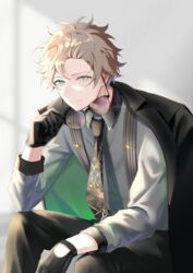  1boy black_gloves blonde_hair blue_eyes closed_mouth cover ensemble_stars! glasses gloves highres jacket kindo long_sleeves looking_at_viewer male_focus multicolored_hair necktie ryuuseitai_(ensemble_stars!) shadow short_hair simple_background smile streaked_hair sunglasses takamine_midori twitter_username wall 