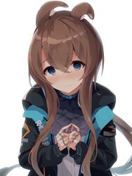  absurdres amiya_(arknights) animal_ear_fluff animal_ears arknights ascot black_jacket blue_eyes blush brown_hair closed_mouth commentary_request female fingers_together grey_ascot hair_between_eyes highres hood hood_down hooded_jacket index_fingers_together jacket jewelry long_hair mizu_(lzzrwi603) nose_blush open_clothes open_jacket rabbit_ears ring shirt sidelocks simple_background smile solo thumb_ring upper_body very_long_hair white_background white_shirt 