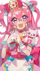  blush bow chiro_(chi-bu-ko) commentary_request cure_precious delicious_party_precure dress earrings female gloves hairbow heart heart_earrings jewelry kome-kome_(precure) long_hair looking_at_viewer magical_girl nagomi_yui pink_hair precure purple_eyes 