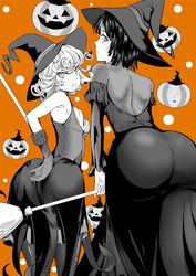  1boy 2girls alternate_costume armpits ass back bare_shoulders black_dress black_hair black_legwear breasts commentary_request curly_hair dress fubuki_(one-punch_man) gloves halloween halloween_costume happy_halloween hat highres jack-o&#039;-lantern kawa long_sleeves looking_at_viewer looking_back multiple_girls one-punch_man orange_background saitama_(one-punch_man) short_hair siblings sisters small_breasts tatsumaki witch witch_hat 