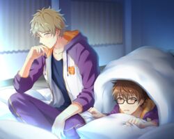  2boys absurdres black-framed_eyewear black_shirt blanket blonde_hair blue_eyes blue_shirt blush brown_eyes brown_hair commentary_request denim drawstring ensemble_stars! fingernails glasses highres hood hood_down indoors jacket jeans kindo long_sleeves male_focus morisawa_chiaki multicolored_hair multiple_boys open_clothes open_jacket open_mouth pants pillow red_eyes scared school_uniform shirt short_hair sleeves_past_elbows smile takamine_midori yaoi yumenosaki_school_uniform 