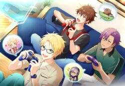  3boys belt blonde_hair blue_eyes blush brown_eyes brown_hair controller couch dark-skinned_male dark_skin earrings ensemble_stars! game_controller glasses green_eyes hair_between_eyes highres jewelry kindo looking_at_viewer male_focus morisawa_chiaki multiple_boys open_mouth otogari_adonis playing_games purple_hair red_eyes ryuuseitai_(ensemble_stars!) school_uniform screen_light shirt short_hair short_sleeves simple_background smile t-shirt trickstar_(ensemble_stars!) twitter_username yellow_eyes yumenosaki_school_uniform yuuki_makoto_(ensemble_stars!) 