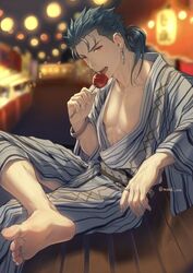  1boy abs alternate_costume artist_name barefoot bench blue_hair blurry blurry_background candy_apple collarbone commentary_request cu_chulainn_(fate) cu_chulainn_(fate/stay_night) depth_of_field earrings eating fangs fate/stay_night fate_(series) food from_side japanese_clothes jewelry kimono looking_at_viewer male_focus medium_hair mondi_hl night pectorals ponytail red_eyes ring shima_(pattern) sitting solo yukata 