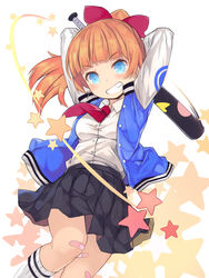  arms_up bandaid bandaid_on_knee bandaid_on_leg baseball_bat black_skirt blue_eyes blue_jacket blunt_bangs blush bow breasts brown_hair collared_shirt dress_shirt female grin hairbow head_tilt high_ponytail holding jacket kneehighs kunio-kun_series kurasuke kyoko_(kunio-kun) letterman_jacket long_hair metal_baseball_bat open_clothes open_jacket photoshop_(medium) pleated_skirt ponytail red_bow river_city_girls shirt skirt small_breasts smile socks solo star_(symbol) starry_background v-shaped_eyebrows white_background white_shirt white_socks 