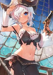  absurdres arm_up armpits arpeggio_kaga bare_shoulders black_hat black_skirt blue_eyes breasts cameltoe cosplay cowboy_shot crop_top detached_sleeves female front-tie_top gun hair_over_one_eye hand_up hat highres hip_vent holding holding_gun holding_weapon league_of_legends leggings looking_at_viewer medium_breasts midriff miniskirt miss_fortune_(league_of_legends) miss_fortune_(league_of_legends)_(cosplay) multicolored_hair musket navel original pirate_hat shirt short_hair skirt skirt_over_leggings sleeveless sleeveless_shirt smile solo spaghetti_strap standing stomach strap_slip streaked_hair weapon white_hair 