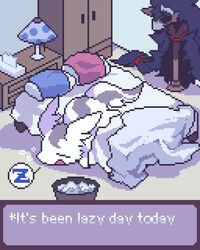  4:5 bed bedding blanket cabinet cape clothing coat_rack dialogue digital_media_(artwork) english_text feral furniture generation_3_pokemon inside lamp linoone male nintendo numa_(ouroporos) ouroporos pillow pixel_(artwork) pokemon pokemon_(species) sleeping sleeping_on_floor solo speech_bubble text tissue_box trash trash_can 