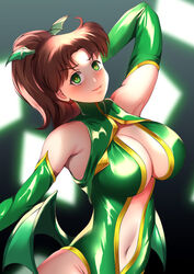  arm_up armpits bishoujo_senshi_sailor_moon bow breasts brown_hair cleavage cleavage_cutout clothing_cutout corruption dark_persona demon_girl demon_wings elbow_gloves female gloves green_eyes green_gloves green_leotard hadant head_wings kino_makoto leotard long_hair mind_control navel navel_cutout ponytail shrug_(clothing) sleeveless solo wings yellow_pupils 