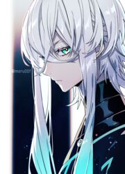  1boy asclepius_(fate) black_collar closed_mouth collar expressionless fate/grand_order fate_(series) green_eyes hair_between_eyes long_hair looking_at_viewer male_focus moru solo twitter_username upper_body very_long_hair white_hair 