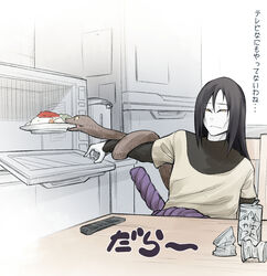  1boy arm_up belt black_eyes black_hair can chair cluseller colored_sclera colored_skin commentary controller curry drink_can food half-closed_eyes indoors kitchen layered_sleeves long_hair long_sleeves male_focus microwave mouth_hold mundane_utility naruto naruto_(series) oerba_yun_fang open_mouth orange_eyes orochimaru_(naruto) outstretched_arm plate refrigerator remote_control rope shirt short_over_long_sleeves short_sleeves sitting slit_pupils snake soda_can solo table translated upper_body water_boiler white_skin yellow_sclera yellow_shirt 