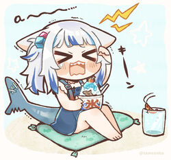  &gt;_&lt; a_(phrase) animal_ears barefoot blue_hair blunt_bangs blush_stickers brain_freeze cat_ears chibi commentary cube_hair_ornament cup drinking_glass ears_down female fins fish_tail food full_body gawr_gura gawr_gura_(casual) grey_hair hair_ornament highres hololive hololive_english multicolored_hair open_mouth pillow rectangular_mouth same_anko shark_girl shark_tail sharp_teeth shaved_ice shrimp sitting solo streaked_hair suspenders symbol-only_commentary tail teeth trembling two-tone_hair virtual_youtuber 