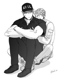  2boys aged_down baseball_cap bou_(maimoca501) grabbing greyscale hair_over_one_eye hat hataraku_saibou hug hug_from_behind killer_t_(hataraku_saibou) looking_at_another male_focus military military_uniform monochrome multiple_boys pectoral_grab pectorals short_hair short_sleeves sitting size_difference sweatdrop toned toned_male u-1146 uniform white_blood_cell_(hataraku_saibou) yaoi 