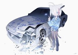  ahoge animal_ears bangs blue_eyes blue_jacket blue_nails breast_pocket car car_crash cat_ears cat_girl cat_tail closed_mouth commentary_request damaged eguchi_saan expressionless eyepatch female full_body ground_vehicle hand_up highres itasha jacket japanese_clothes kimono knife_in_head long_sleeves looking_at_viewer loose_socks medical_eyepatch medium_hair motor_vehicle multicolored_hair nail_polish one_eye_covered original panties partial_commentary pocket scar scar_on_leg see-through_kimono shoes short_kimono side-tie_panties simple_background sleeves_past_wrists socks solo sports_car standing streaked_hair tail underwear uwabaki v vehicle_request white_background white_footwear white_hair white_socks 