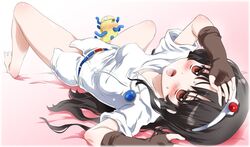  barefoot black_hair blush breasts circlet dress druaga_no_tou elbow_gloves female fingerless_gloves full_body gloves jewelry ki_(druaga) long_hair looking_at_viewer monster noto_(soranoto) object_on_head open_mouth panties panties_on_head pendant red_eyes underwear 