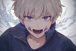  1boy black_jacket blue_eyes brown_hair collared_jacket facial_tattoo hair_between_eyes highres inumaki_toge jacket jujutsu_kaisen looking_at_viewer magic male_focus open_mouth short_hair simple_background solo tattoo tayori teeth tongue tongue_tattoo tsurime twitter_username upper_body white_background 