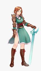  aqua_eyes armor belt boots brown_hair cross-laced_footwear dress female final_fantasy final_fantasy_tactics_a2 final_fantasy_tactics_advance frimelda_lotice full_body gauntlets green_dress grey_background hand_on_hilt high_collar highres jnr.btts knee_boots lace-up_boots multiple_belts pauldrons short_hair shoulder_armor side_slit solo transparent_sword 