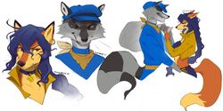  1boy animal_ears animal_nose blue_hair body_fur braid carmelita_fox female fox_ears fox_girl fox_tail furry furry_female grey_fur jacket mole mole_under_eye momobeda orange_fur raccoon_boy raccoon_ears raccoon_tail sly_cooper sly_cooper_(series) snout tail yellow_jacket 