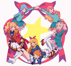  6+girls absurdres aikatsu! aikatsu!_(series) aikatsu_friends! aikatsu_on_parade! aikatsu_stars! arm_up blonde_hair blue_bow blue_dress blue_hair blue_jacket blue_skirt boots bow bow_hairband bowtie brown_footwear circle_formation closed_eyes closed_mouth commentary dress gradient_hair grey_hair hairband hairbow half_updo hands_on_own_chin high_heels highres hoshimiya_ichigo jacket kiseki_raki knee_boots long_hair long_sleeves looking_at_viewer minato_mio multicolored_hair multiple_girls neck_ribbon nijino_yume one_eye_closed open_mouth orange_eyes orange_hair ozora_akari petticoat pink_bow pink_hair pleated_skirt purple_eyes red_bow red_bowtie red_eyes red_hairband red_jacket red_ribbon ribbon school_uniform simple_background skirt smile star_(symbol) thighhighs twintails uhouhogorigori white_background white_footwear white_legwear white_skirt yuki_aine 