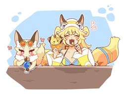  anthro beverage canid canine closed_eyes clothing cutlery cygames drinking duo eyewear female fox heart_symbol human inaho_(world_flipper) inner_ear_fluff kitchen_utensils mammal neck_tuft shirano spoon sunglasses swimwear tools toto_zomto tuft world_flipper 