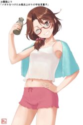  artist_name bottle bow_shorts brown_eyes brown_hair camisole commission cowboy_shot female glasses grin hair_between_eyes hand_on_own_hip highres holding holding_bottle kitano_(kitanosnowwhite) navel one_eye_closed pink_shorts red-framed_eyewear short_hair short_shorts shorts signature simple_background smile solo touhou towel usami_sumireko white_background white_camisole 