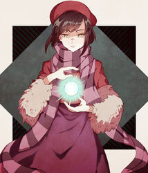  borrowed_character brown_hair commentary_request commission female hat numbers_(pigpenandpaper) orb parted_lips purple_scarf scarf solo standing yellow_eyes 