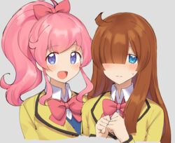  2girls :d ahoge bad_id bad_twitter_id blazer blue_eyes blunt_bangs blush bow bowtie brown_hair clenched_hand collared_shirt commentary cropped_torso diamond-shaped_pupils diamond_(shape) embarrassed grey_background hair_over_one_eye hairbow high_ponytail jacket kirarigaoka_middle_school_uniform kiratto_pri_chan long_hair looking_at_viewer momoyama_mirai mukuba multiple_girls nijinosaki_dia open_mouth pink_hair pretty_series purple_eyes red_bow red_bowtie school_uniform shirt sidelocks simple_background smile sweatdrop symbol-only_commentary symbol-shaped_pupils upper_body yellow_jacket 