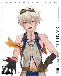  1boy bandaid bandaid_on_nose bangs bennett_(genshin_impact) blonde_hair commission genshin_impact gloves goggles goggles_on_head green_eyes grey_hair hair_between_eyes highres long_hair male_focus open_mouth oxygen scar shorts sleeveless smile twitter_username white_background white_hair 