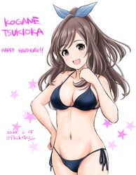  bikini blush bow breasts brown_eyes brown_hair character_name cleavage dated female flick_(sal23) hairbow halterneck hand_on_own_hip hand_up happy_birthday high_ponytail highres idolmaster idolmaster_shiny_colors large_breasts navel open_mouth ponytail side-tie_bikini_bottom smile solo star_(symbol) string_bikini swimsuit tsukioka_kogane twitter_username 