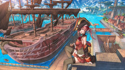  anchor artist_name barrel beach belt blue_sky boat breasts building cannon cloud cloudy_sky commentary_request crate cup day epaulettes eyepatch female from_side harbor hat highres holding holding_cup hololive house houshou_marine houshou_marine_(1st_costume) jacket ladder large_breasts long_hair looking_at_viewer mast military_vehicle miniskirt nagi_itsuki oar ocean off_shoulder open_mouth pirate_hat pirate_ship red_eyes red_hair rope sail sailing_ship scenery ship ship_of_the_line sitting skirt sky smile solo thighhighs tower twintails vehicle_focus virtual_youtuber walkway warship water watercraft wide_shot wooden_floor zettai_ryouiki 