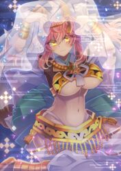  :3 amaterasu_(fate) animal_ear_fluff animal_ears armor blush breasts commentary_request fate/extra fate/extra_ccc fate_(series) female fox_ears fox_girl fox_tail gold_armor gold_bracelet large_breasts looking_at_viewer merichi_(ogaomega) navel pink_hair sitting solo tail tamamo_(fate) tamamo_no_mae_(fate/extra) underboob veil yellow_eyes 