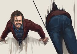  1boy ass blue_pants blue_shirt brown_eyes brown_hair chanta_(ayatakaoisii) denim here&#039;s_johnny!_(meme) highres jack_torrance jacket jeans long_sleeves looking_to_the_side male_focus meme multiple_views open_clothes open_jacket pants parody red_jacket shirt sideways_glance smile stuck the_shining through_wall 