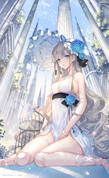  a_maru absurdres artist_name bare_legs birdcage black_ribbon blue_flower blue_rose breasts building cage cleavage commentary covered_navel cross day doll_joints dress earrings english_commentary female flower frilled_hat frills glint grey_hair hand_up hat hat_ornament hat_ribbon highres jewelry joints long_hair looking_at_viewer md5_mismatch medium_breasts original parted_lips photoshop_(medium) pillar resolution_mismatch ribbon rose side_slit sitting sleeveless sleeveless_dress smile solo source_smaller sparkle very_long_hair wariza white_dress white_hat 