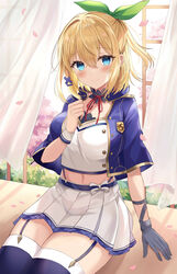  alzano_school_uniform blonde_hair blue_capelet blue_eyes blue_thighhighs blush bow breasts capelet closed_mouth commentary_request cowboy_shot curtains double-parted_bangs female foliage garter_straps gloves green_bow grey_gloves hair_between_eyes hair_ornament hairbow hairclip hand_up highres indoors looking_at_viewer medium_hair midriff multicolored_bow navel partial_commentary petals pleated_skirt red_ribbon retsuto ribbon rokudenashi_majutsu_koushi_to_akashic_record rumia_tingel school_uniform shirt sidelocks single_glove sitting skirt smile solo suspender_skirt suspenders thighhighs tree waist_bow white_shirt white_skirt wind window wrist_cuffs x_hair_ornament zettai_ryouiki 