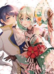  1boy 39 absurdres aqua_eyes aqua_hair ascot bad_id bad_pixiv_id bare_shoulders black_gloves blue_eyes blue_hair blurry blurry_background blurry_foreground coat commentary detached_sleeves dress_flower dutch_angle english_commentary falling_petals female flower folding_fan gloves hair_ornament hairclip hand_fan hatsune_miku highres holding holding_fan japanese_clothes kaito_(vocaloid) kimono libertyp long_hair looking_at_viewer obi open_mouth petals red_flower sash sidelighting smile twintails upper_body vocaloid white_background white_coat white_gloves 