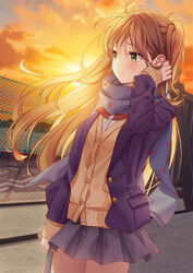  3: arm_at_side blue_scarf brown_hair cardigan chain-link_fence female fence green_eyes grey_skirt hand_up highres jacket long_hair one_side_up original outdoors scarf school_uniform skirt solo standing sunset tucking_hair unjem 