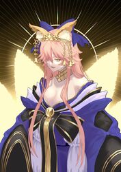  animal_ear_fluff animal_ears bell blue_kimono blue_ribbon breasts collarbone commentary_request fangs fate/extra fate/grand_order fate_(series) female fox_ears fox_girl fox_tail hair_over_one_eye hair_ribbon highres japanese_clothes kimono kitsune large_breasts long_hair looking_at_viewer maio_(pixiv30934575) multiple_tails off_shoulder official_alternate_costume pink_hair ribbon skin_fangs solo tail tamamo_(fate) tamamo_no_mae_(fate/extra) tamamo_no_mae_(third_ascension)_(fate) very_long_hair yellow_eyes 