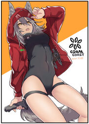  animal_ears arknights black_one-piece_swimsuit cowboy_shot dated female grey_hair hair_between_eyes hand_up highleg highleg_swimsuit holding holding_knife hood hood_up jacket knife looking_at_viewer medium_hair nishi_juuji oerba_yun_fang official_alternate_costume one-piece_swimsuit open_mouth orange_background projekt_red_(arknights) projekt_red_(light_breeze)_(arknights) red_jacket solo swimsuit tail thigh_strap two-tone_background white_background wolf_ears wolf_girl wolf_tail yellow_eyes 