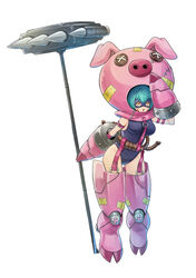  :o absurdres animal_costume arm_behind_back arm_belt arm_up arm_wrap armor bare_shoulders blue_one-piece_swimsuit breasts button_eyes buttons cho-hakkaimon commentary digimon digimon_(creature) dragonwilbert female garter_straps green_hair hair_between_eyes highres holding holding_weapon large_breasts looking_at_viewer mask o-ring oerba_yun_fang one-piece_swimsuit parted_lips pig_costume pink_armor rake rope short_hair sidelocks simple_background skin_fang solo standing swimsuit weapon white_background yellow_eyes 