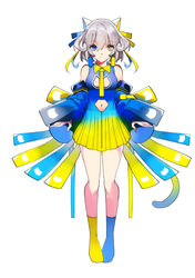  absurdres animal_ears asymmetrical_legwear blue_dress blue_eyes blue_ribbon blue_sleeves blue_socks breasts cat_cutout cat_ears character_request closed_mouth clothing_cutout collared_dress commentary_request copyright_request detached_sleeves dress earrings female full_body gradient_dress grey_hair hair_between_eyes hair_ribbon heterochromia highres jewelry long_sleeves looking_at_viewer medium_breasts mismatched_legwear navel navel_cutout necktie no_shoes pleated_dress ribbon simple_background sleeves_past_wrists smile socks solo standing tarbo_(exxxpiation) virtual_youtuber white_background yellow_dress yellow_eyes yellow_necktie yellow_ribbon yellow_socks 