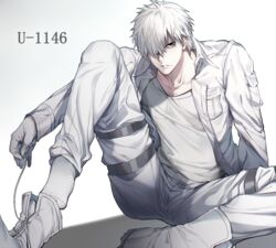  1boy black_eyes colored_skin feet_out_of_frame hair_over_one_eye harness hataraku_saibou highres jacket looking_at_viewer male_focus open_clothes open_jacket pants pectoral_cleavage pectorals shoelaces shoes short_hair sitting socks solo spread_legs tsunami_(sorudora) u-1146 unworn_shoes white_blood_cell_(hataraku_saibou) white_hair white_jacket white_pants white_skin 