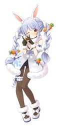  absurdres alcohol animal_ear_fluff animal_ears aoki_ume arm_cuffs ass_visible_through_thighs blue_hair blush braid bridal_garter carrot carrot_hair_ornament commentary_request don-chan_(usada_pekora) dress female food-themed_hair_ornament full_body fur-trimmed_dress fur-trimmed_gloves fur_scarf fur_trim glass gloves hair_ornament highres hololive long_hair looking_at_viewer multicolored_hair official_art one_eye_closed pantyhose rabbit_ears rabbit_girl second-party_source shoes short_eyebrows simple_background smile solo thick_eyebrows thigh_gap twin_braids umeshu usada_pekora usada_pekora_(1st_costume) virtual_youtuber white_background white_hair yellow_eyes 