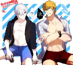  2boys ? abs alternate_costume anger_vein bad_id bad_pixiv_id bare_pectorals black_jacket blonde_hair blue_male_swimwear colored_skin crossed_arms hair_over_one_eye hataraku_saibou hood hooded_jacket jacket killer_t_(hataraku_saibou) male_focus male_swimwear multiple_boys navel nipples no_nipples one-hour_drawing_challenge open_clothes open_jacket open_shirt pectorals red_male_swimwear short_hair short_sleeves sitting smile spoken_question_mark stomach swim_trunks toned toned_male translated tsunami_(sorudora) u-1146 white_blood_cell_(hataraku_saibou) white_hair white_skin 