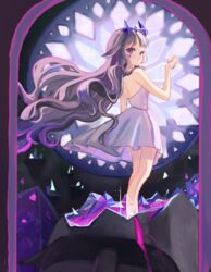  absurdres backless_dress backless_outfit besi_(besidoesart) circlet dress female gem gradient_hair grey_hair highres hololive hololive_english jewel_under_eye koseki_bijou light_smile long_hair looking_at_viewer looking_back moai moai_(koseki_bijou) multicolored_hair nail_polish pink_nails purple_eyes purple_hair smile solo virtual_youtuber white_dress 