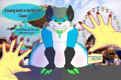  anthro belly canid canine carnival_game duo english_text first_person_view fox hi_res imminent_vore looming male male/male mammal overweight overweight_male phosphobos scared tanio text vore 