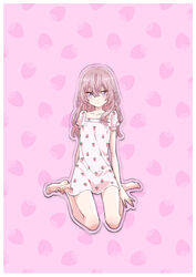  absurdres alternate_costume bare_legs barefoot breasts collarbone dress female food food_print fruit highres inui_sajuna kneeling nishihara_erika official_alternate_costume official_art outline patterned_background patterned_clothing pink_dress pink_hair purple_eyes small_breasts sono_bisque_doll_wa_koi_wo_suru strawberry strawberry_print white_outline 