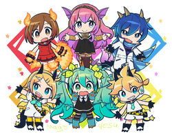  2boys 4girls aqua_hair bare_shoulders black_dress blonde_hair blue_eyes blue_hair blue_scarf boots brown_eyes brown_hair chibi claws coat commentary dress elements gloves hair_ornament hairclip hands_up hatsune_miku horns leaf_hair_ornament long_hair mago multiple_boys multiple_girls outstretched_arms pink_hair scarf shirt short_ponytail shorts single_horn smile spiked_hair swept_bangs tail thighhighs twintails very_long_hair vocaloid white_coat white_shirt white_shorts 