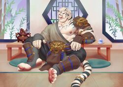  absurd_res adios anthro armor armpit_hair black_markings body_hair bracers clothing feet felid footwear fur hand_wraps hi_res inside jewelry looking_at_viewer male mammal markings muscular muscular_anthro muscular_male necklace nipples pantherine sitting smile smiling_at_viewer solo tiger toeless_footwear toes white_body white_fur wraps 